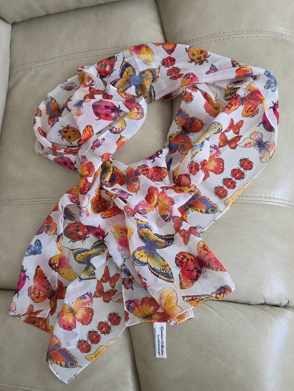 Isotoner Made In Italy White Scarf with Multicolor Butterflies & Ladybugs